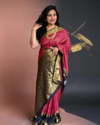 Semi Mysore Crepe (Silver & Golden Jari Gandaberunda Border) thumbnail 2