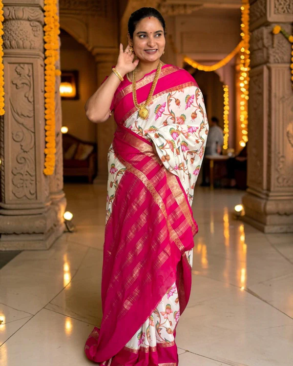 Semi Mysore Crepe (Pink Floral Digital Print)