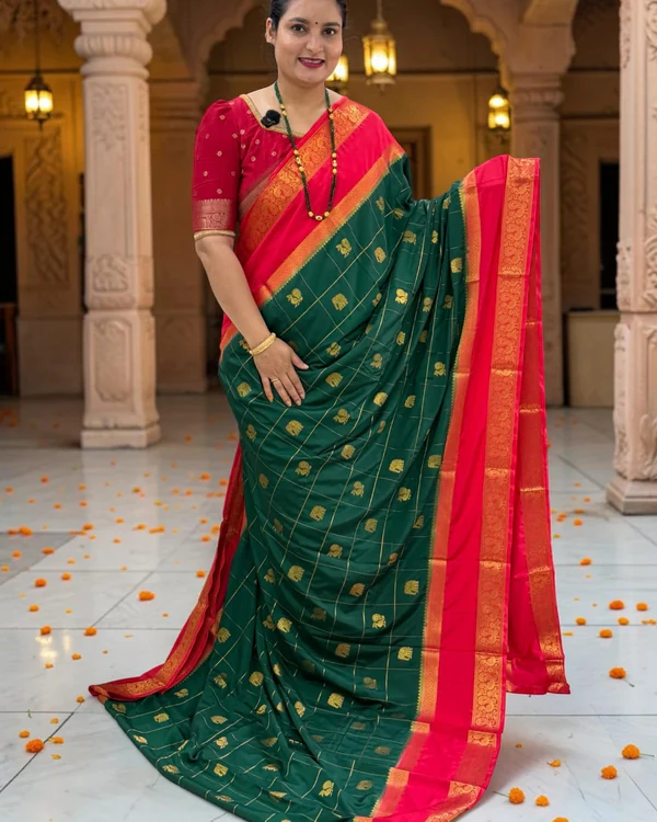 Semi Mysore Crepe (Elephants and Mayuri Motifs Checks)