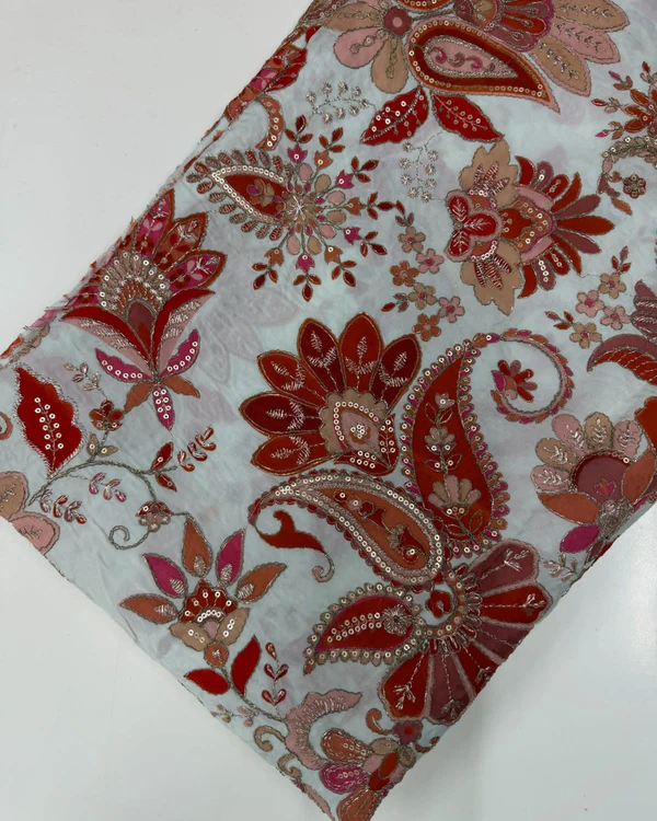 Kalamkari Blouse Fabric (Pastel Hibiscus Flower Rich Positioning Work)