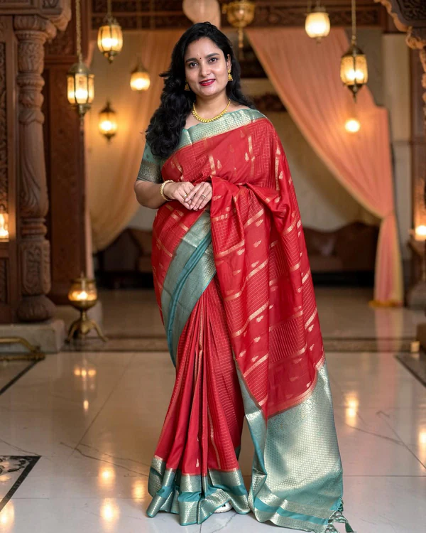 Viscose Crepe Saree (Checks and Jumka Motifs)