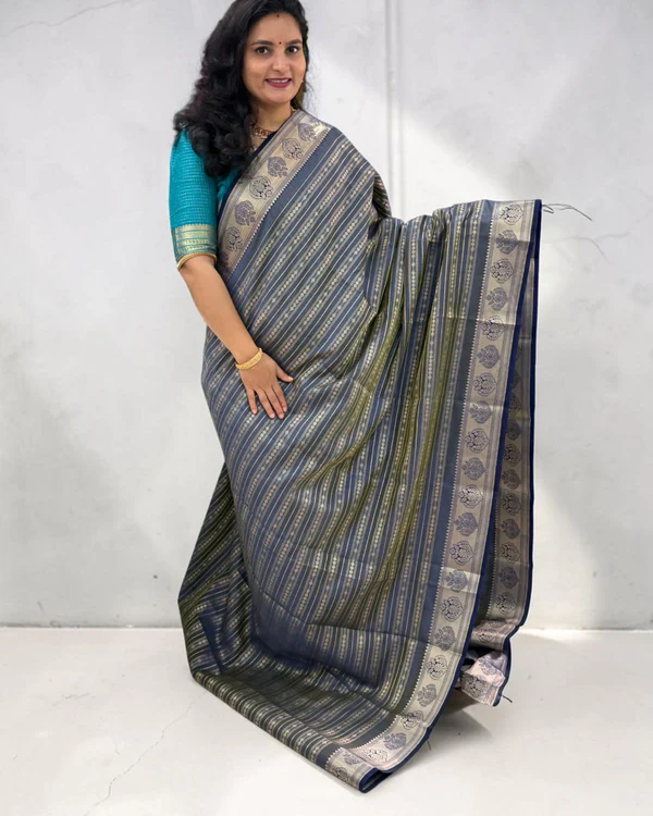 Semi Tussar (Horizontal Line Floral Border)