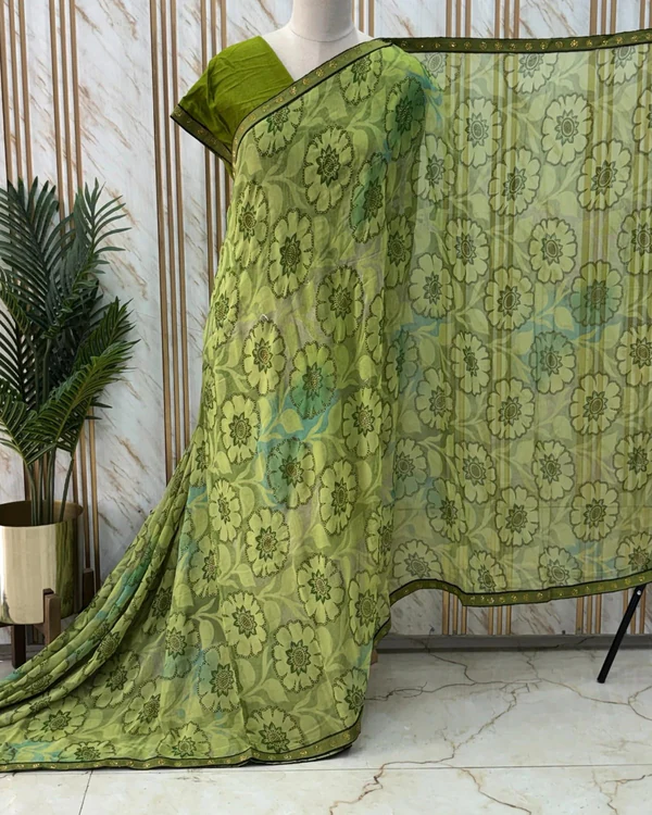 Georgette Saree (Big Flowers Print, Lace Border)