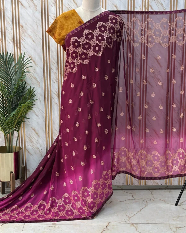 Georgette Saree (Floral Gold foil Print, Lace Border)
