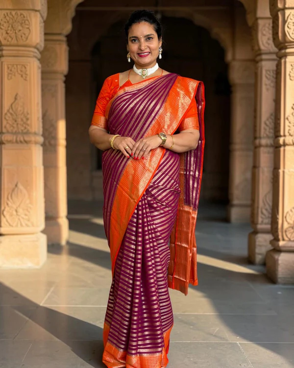 Georgette Chiffon (Premium, Horizontal Lines & Checks Border)