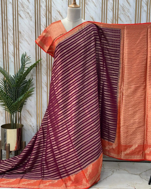 Georgette Chiffon (Premium, Horizontal Lines & Checks Border)