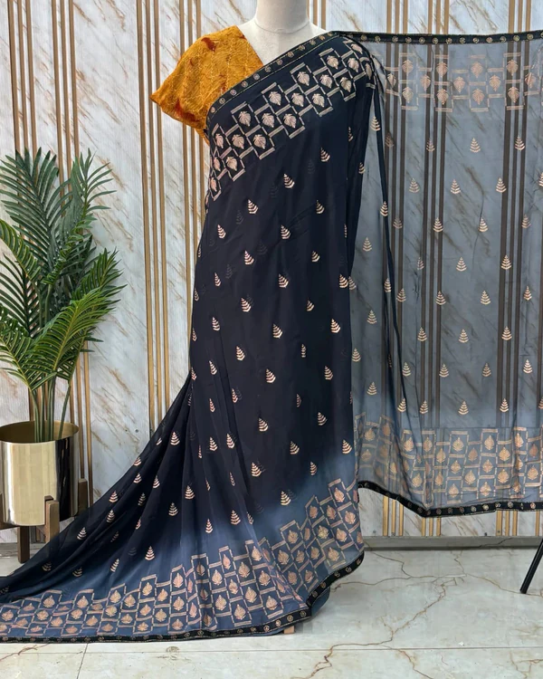 Georgette Saree (Leaf Gold foil Print, Lace Border)