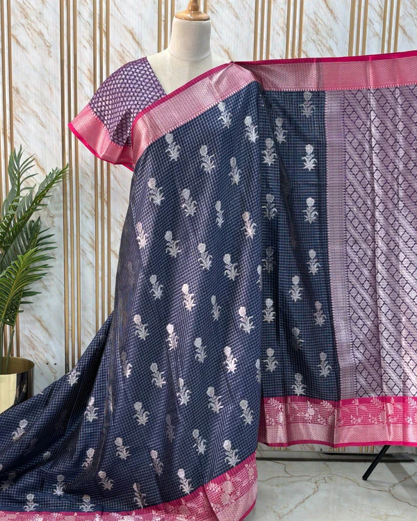 Banarasi Semi Katan (Checks and Floral Motifs)