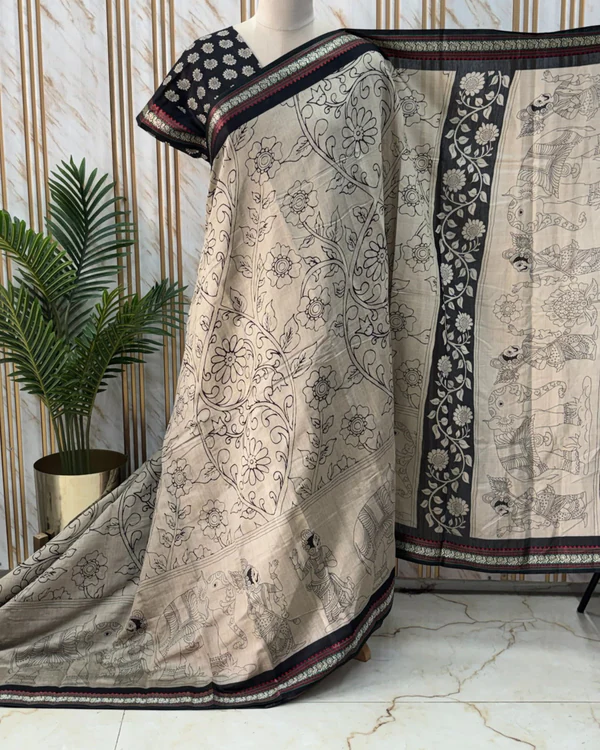 Soft Chanderi Cotton (Kalamkari Print, Mayuri Border)
