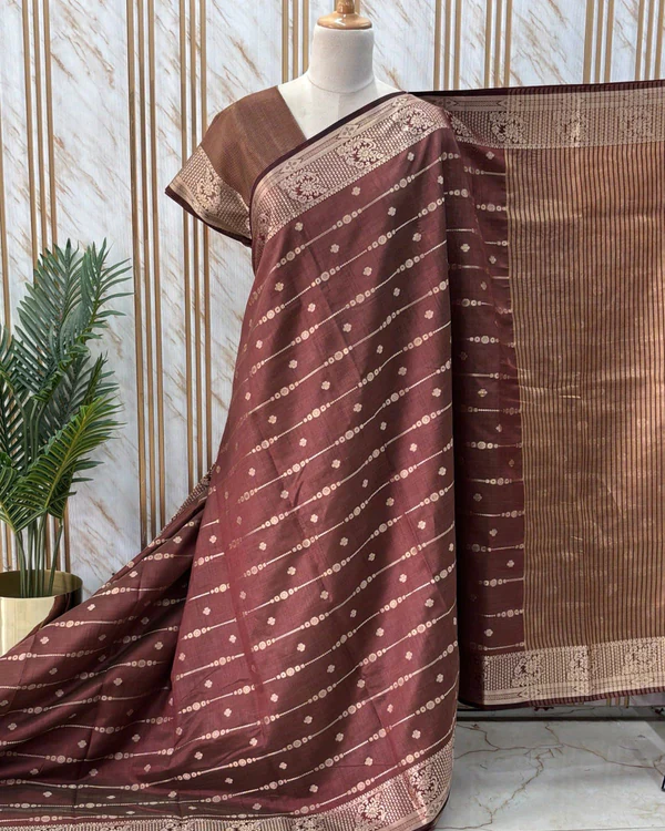 Semi Tussar (Horizontal Line Floral Diamond Border)