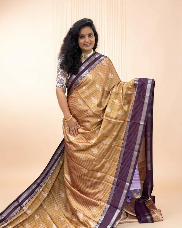 Banarasi Semi Katan (Golden Checks and Motifs)