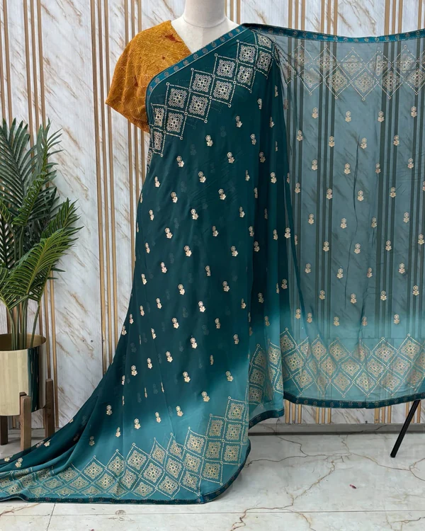 Georgette Saree (Gold foil floral motifs & diamonds print, Lace Border)