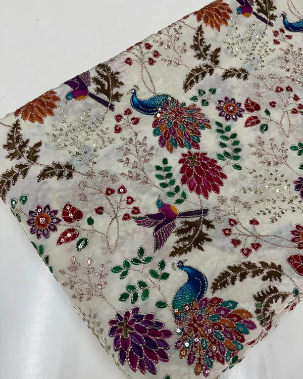 Kalamkari Blouse Fabric (Floral and Peacock Print with Positioning Work)