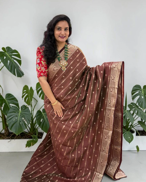 Semi Tussar (Horizontal Line Floral Diamond Border)