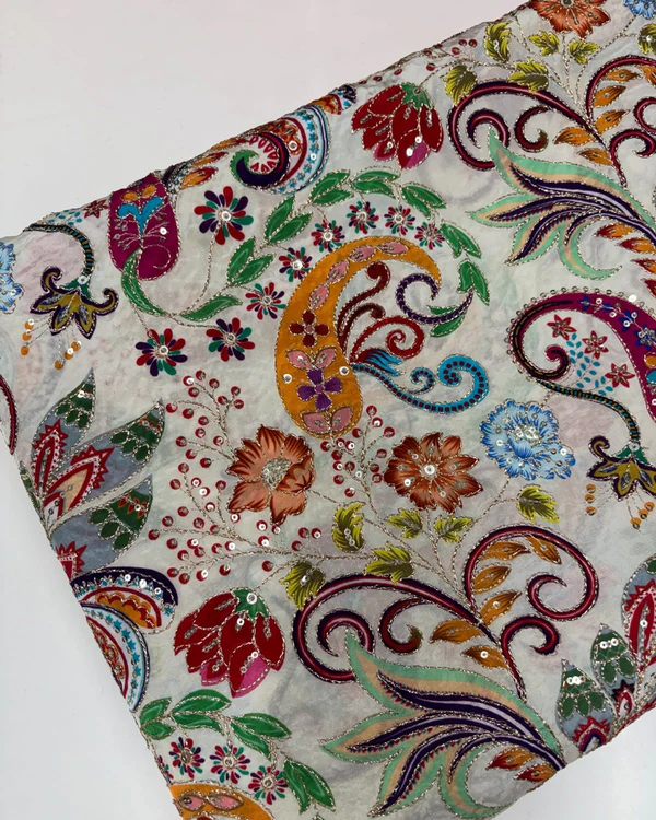 Kalamkari Blouse Fabric (Rich Floral Leaves Print with Heavy Positioning Work)
