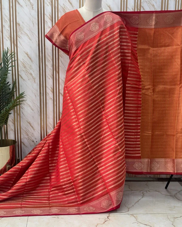 Tussar Saree (Horizontal Lines & Diamond Floral Border)