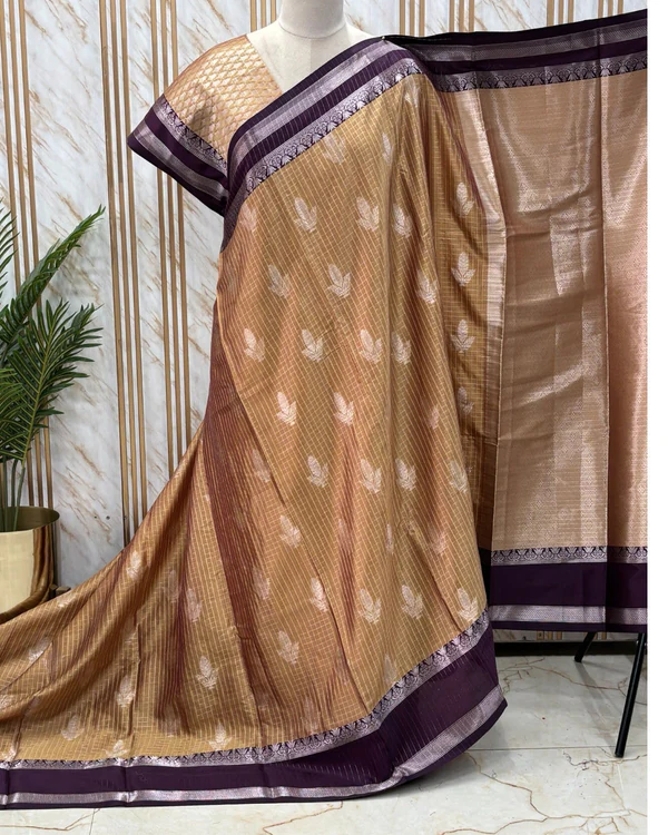 Banarasi Semi Katan (Golden Checks and Motifs)