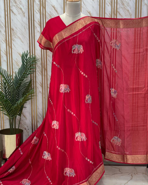 Chinnon Saree (Elephant Embroidery & Pipe Work)